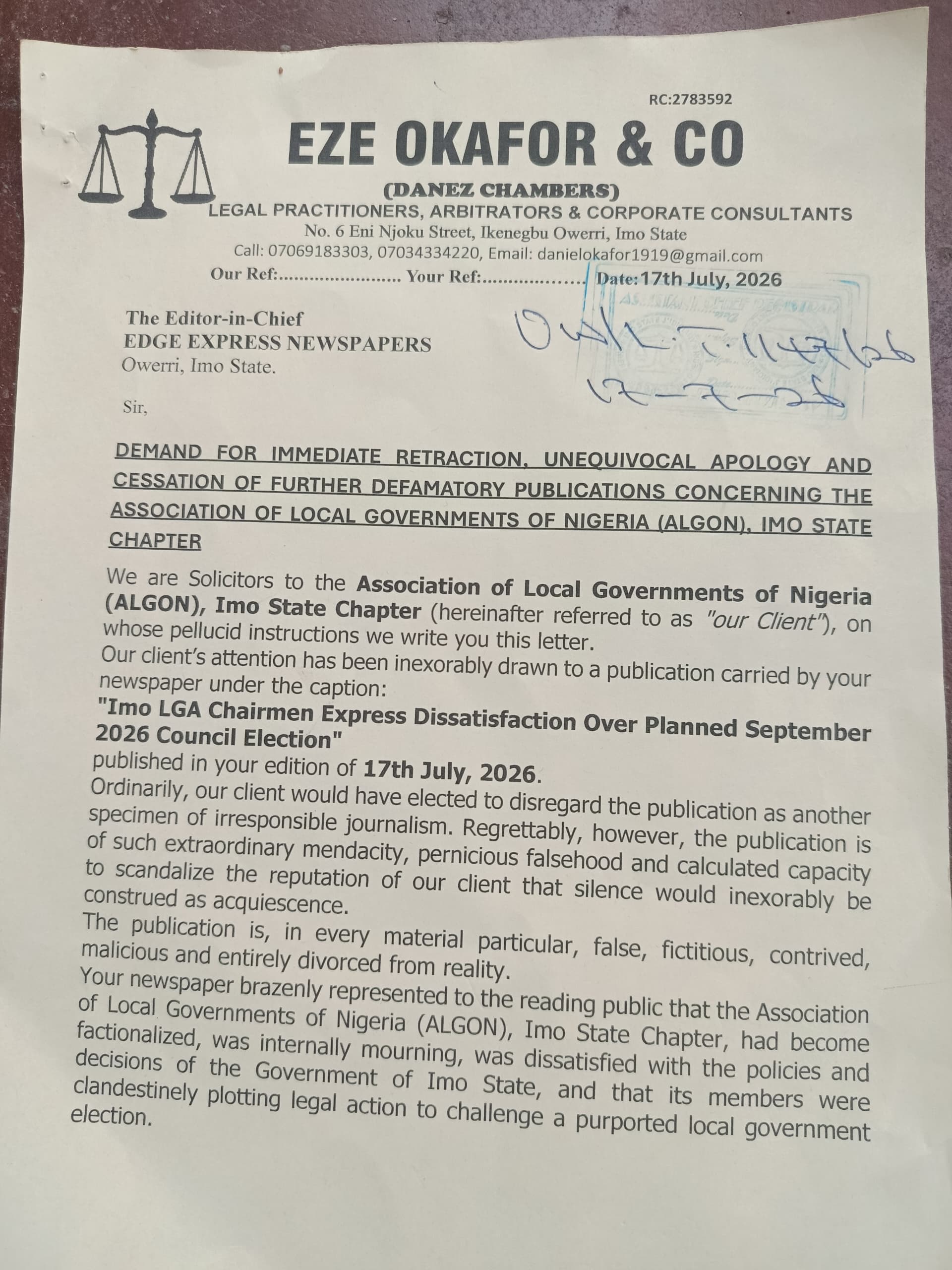 Edge Express retracts election story, apologises to ALGON, Gov. Uzodimma