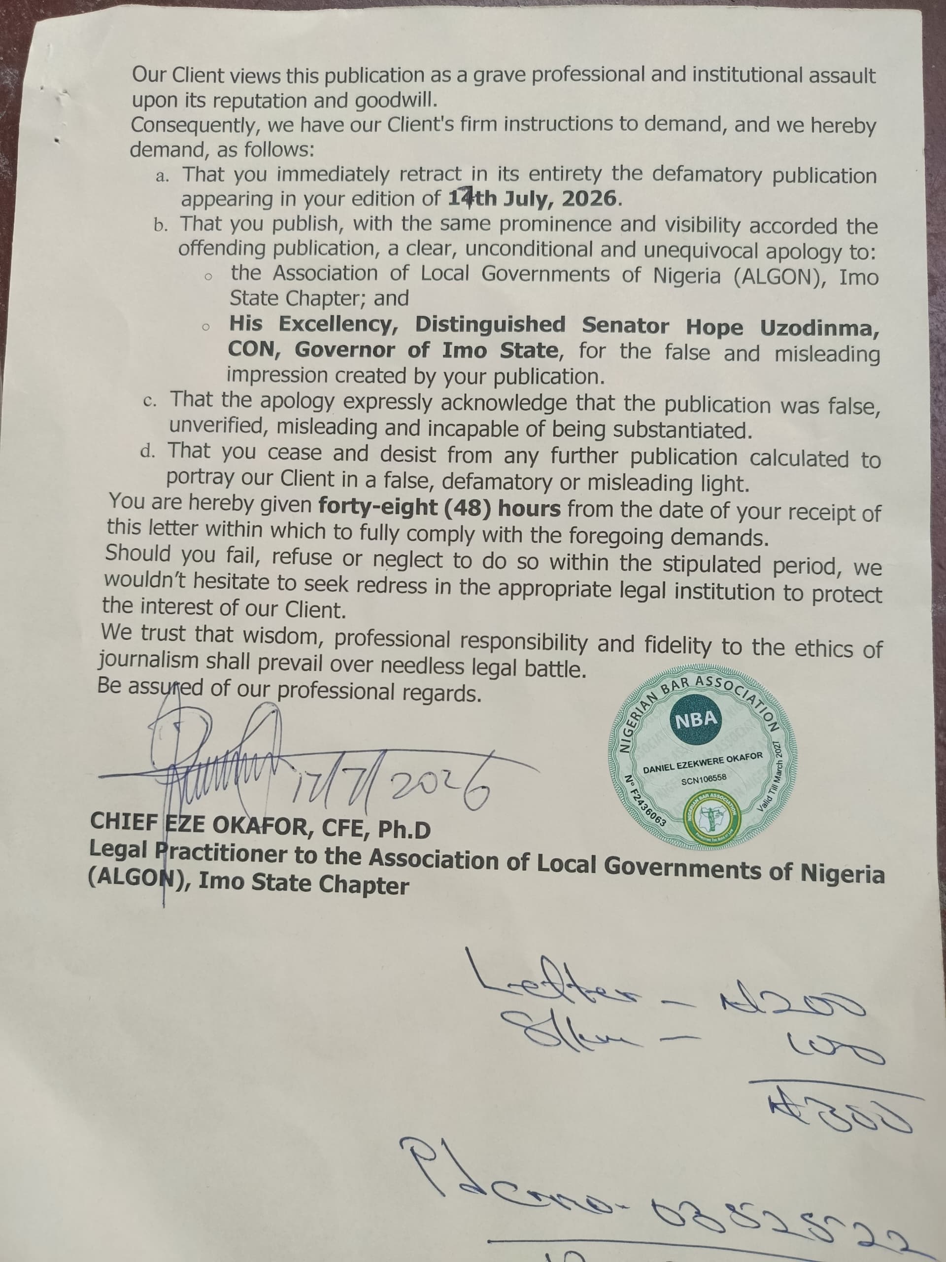 Edge Express retracts election story, apologises to ALGON, Gov. Uzodimma